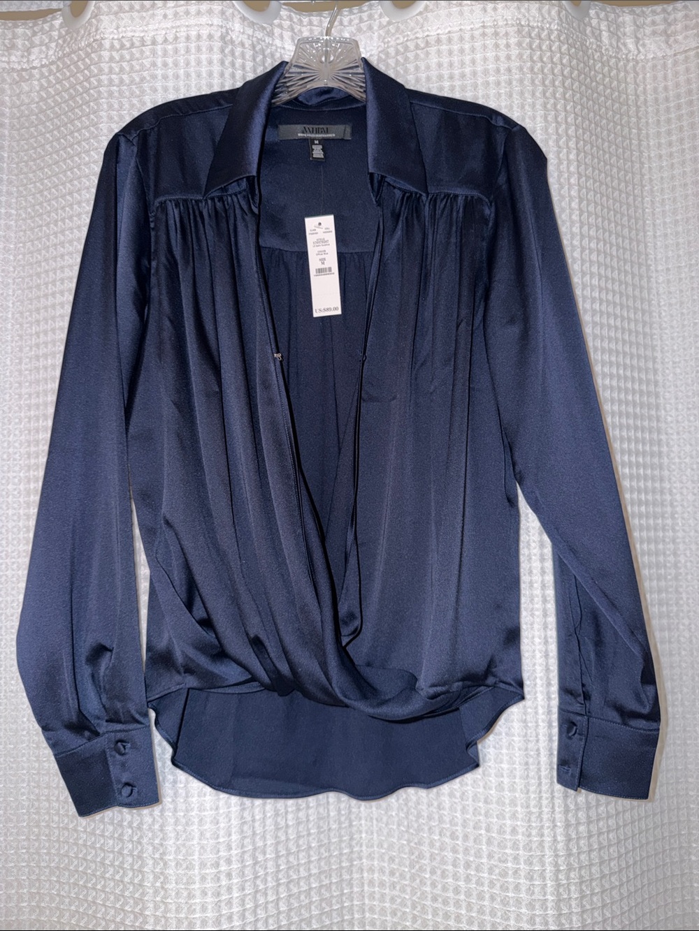 Eileen Fisher Navy Draped Wrap-Front Button Down Blouse